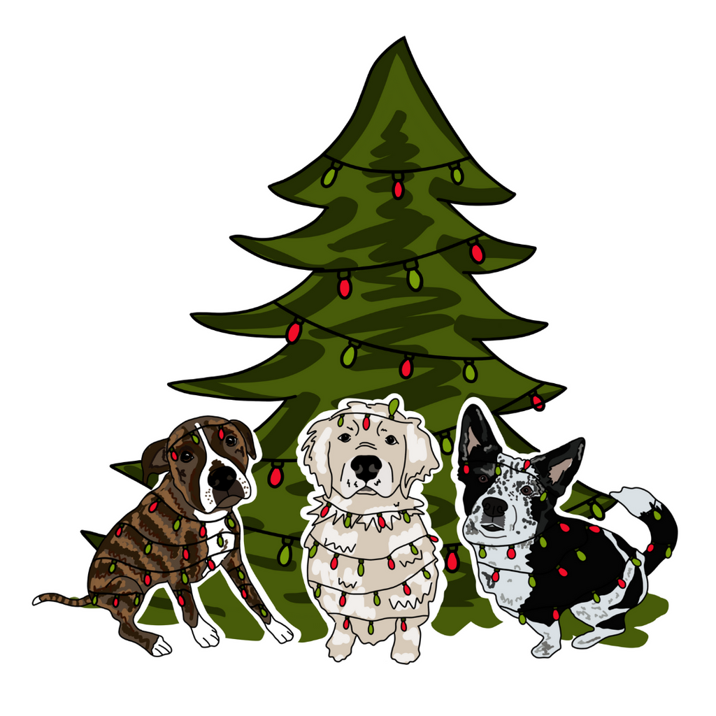 Three illustrated dogs wrapped in Christmas lights in front of a decorated Christmas tree on a white background