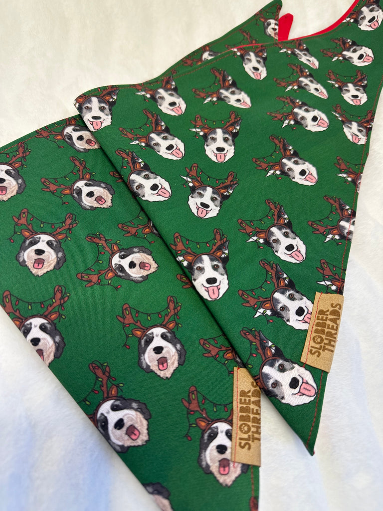 Green bandana with dog pattern and 'Slobber Threads' branding on a white background